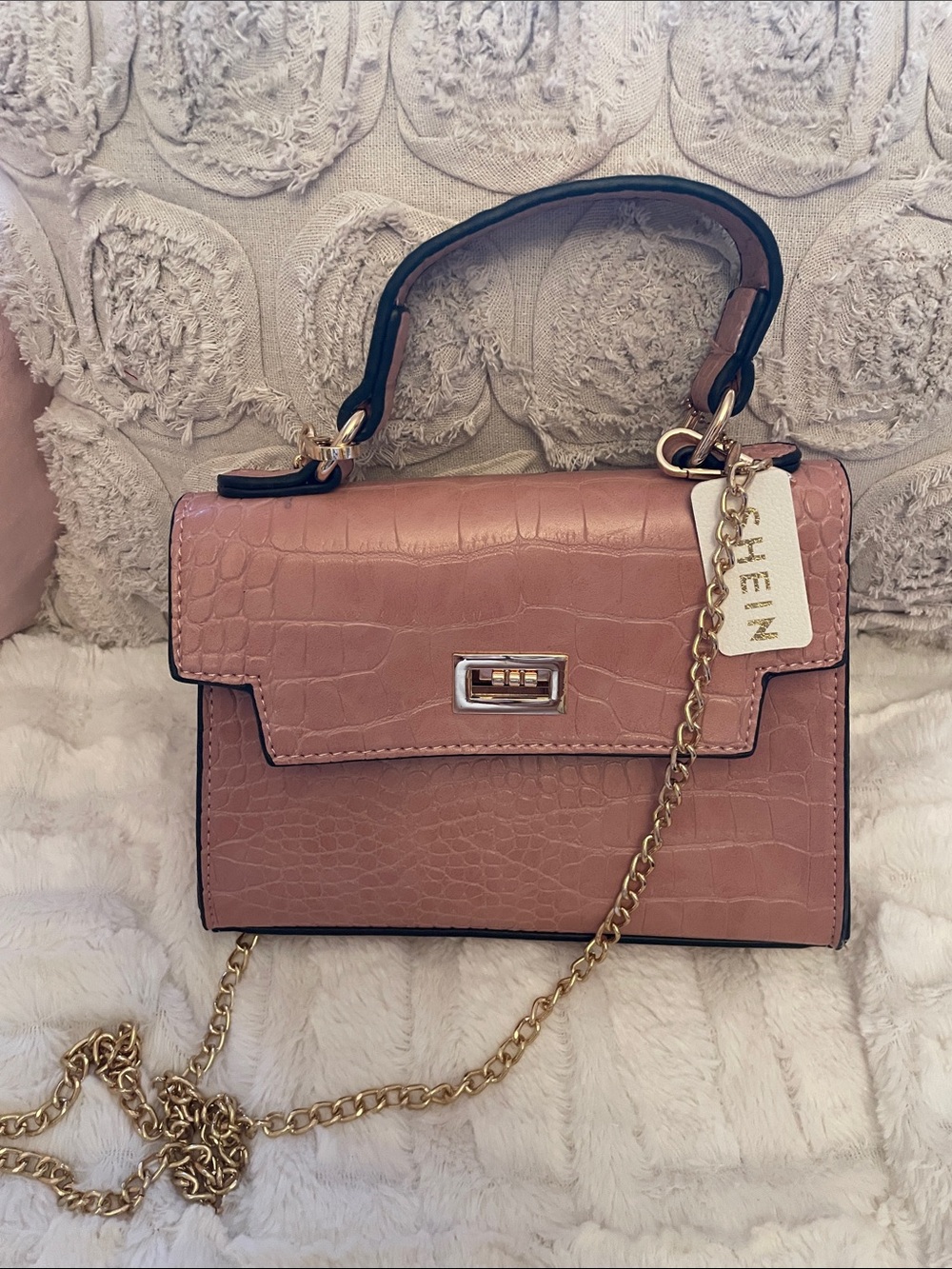 SHEIN Rose Croc-Embossed Crossbody Top-Handle Bag with Gold Chain